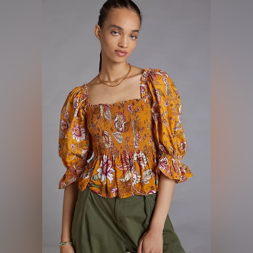 Anthropologie conditions apply sweetheart smocked boho fairy cottage small puff